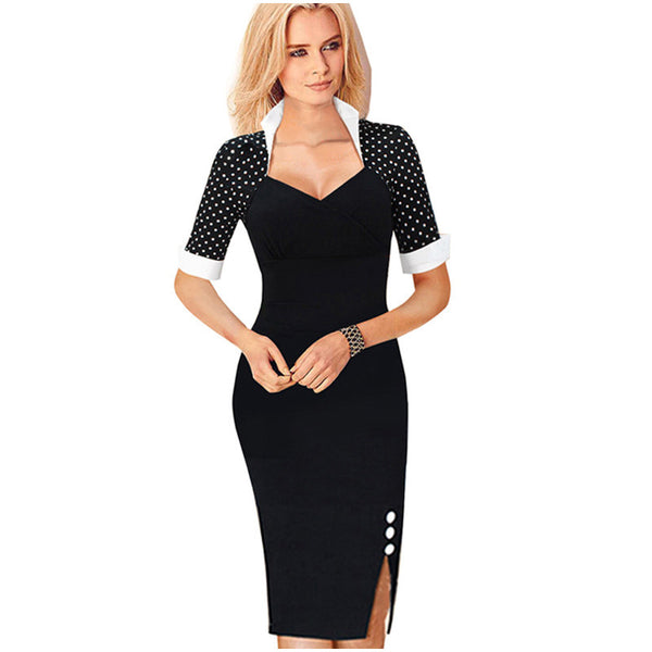 Nice-forever Polka Dots Elegant Women Patchwork Buttons Square Neck Sheath Dress business Wear to Work Split Pencil dresses b47