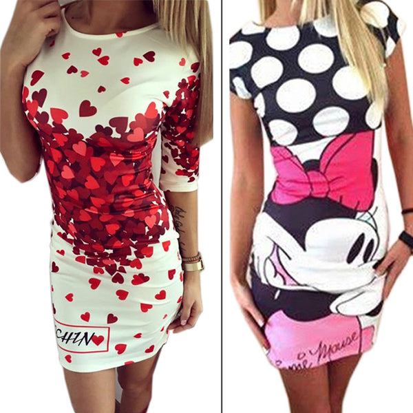 Vestidos 2016 Love Heart Print Slim Pencil Dresses Party Plus Size Women Clothing Cute Casual Bandage Bodycon Summer Dress Robe