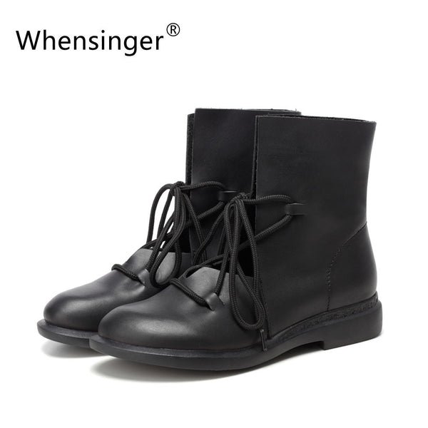 Whensinger 2016 Women Shoes Spring Female Patent Leather Fashion Boots Solid Lace-Up Handmade Vintage Elegant 7889