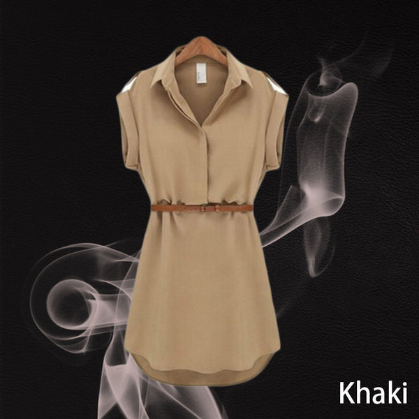 Women Ladies short Sleeve Chiffon Casual OL Belt Shirt One Piece Mini Dress S M L XL Plus Size free shipping 8463