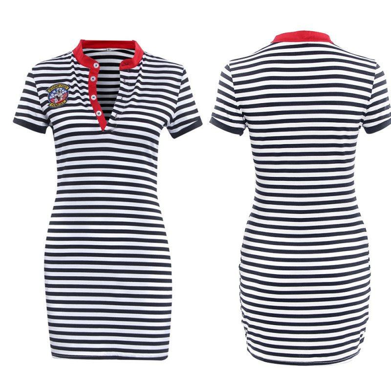 Striped Navy V neck Summer Sport Dresses Casual Bodycon Knee-Length Summer Dress Women Clothing SJ09