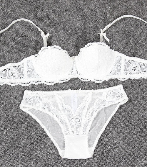 Underwear Women Bra Set Deep half cup  Plus Size Lingerie Sexy Transparent Lace Bra And Panty Set Push Up Lace Brassiere bs350