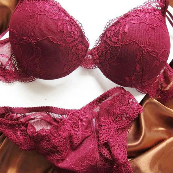 Sexy Women Bra Set Deep V Lace Decro Underwire Bras Push Up Solid 32A-38C Lingerie Outfit