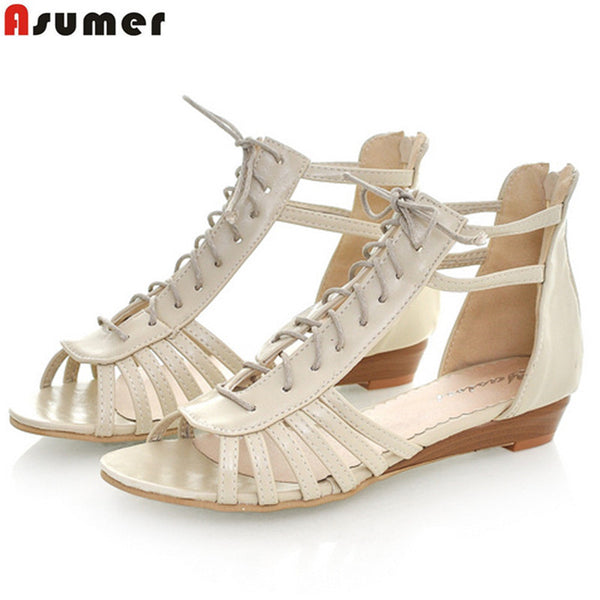 Plus size 34-43 gladiator women sandals wedges low heels casual summer shoes woman cut outs lace up beach shoes