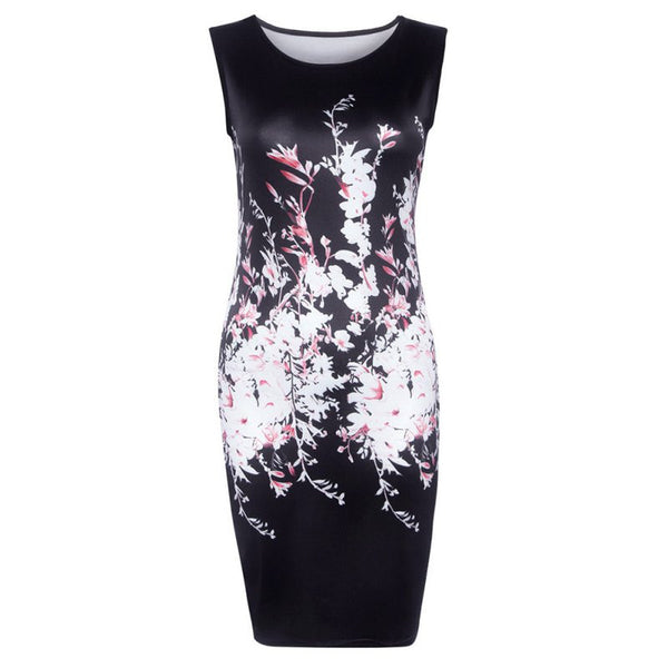 Autumn 2016 Women Sexy Dresses Ladies Elegant Black Sleeveless Knee Length Floral Print Sheath Dress