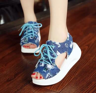 Fashion Novelty sandals women ,Denim summer shoes 2016 Soft sandals muffin platform,shoes woman Patch waterproof Taiwan X468