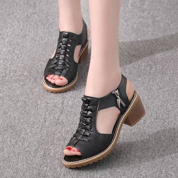 HEE GRAND Vintage Elegant Women's Sandals Summer Style Peep Toe Cross Tied Side Zip Design Mid Square Heel Shoes Woman XWZ2819