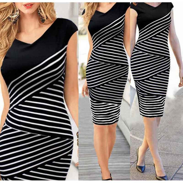 Favolook Summer Women Dress 2016 Cotton V-Neck Striped Sexy Women Bodycon Pencil Dress Office Party Dresses Vestidos De Festa